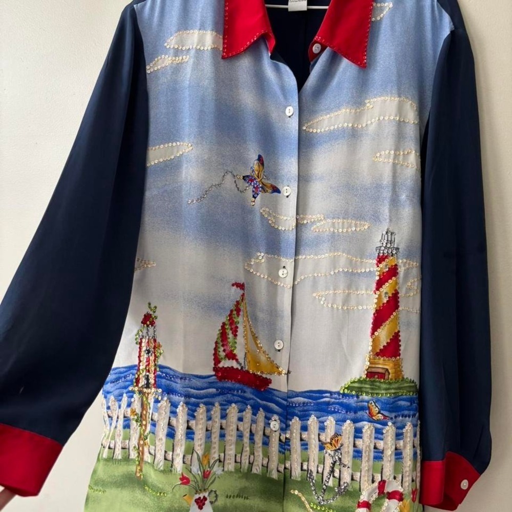 Vintage Silk Multicolor Beaded Sequin lighthouse sailboat Cottagecore shirt -1X